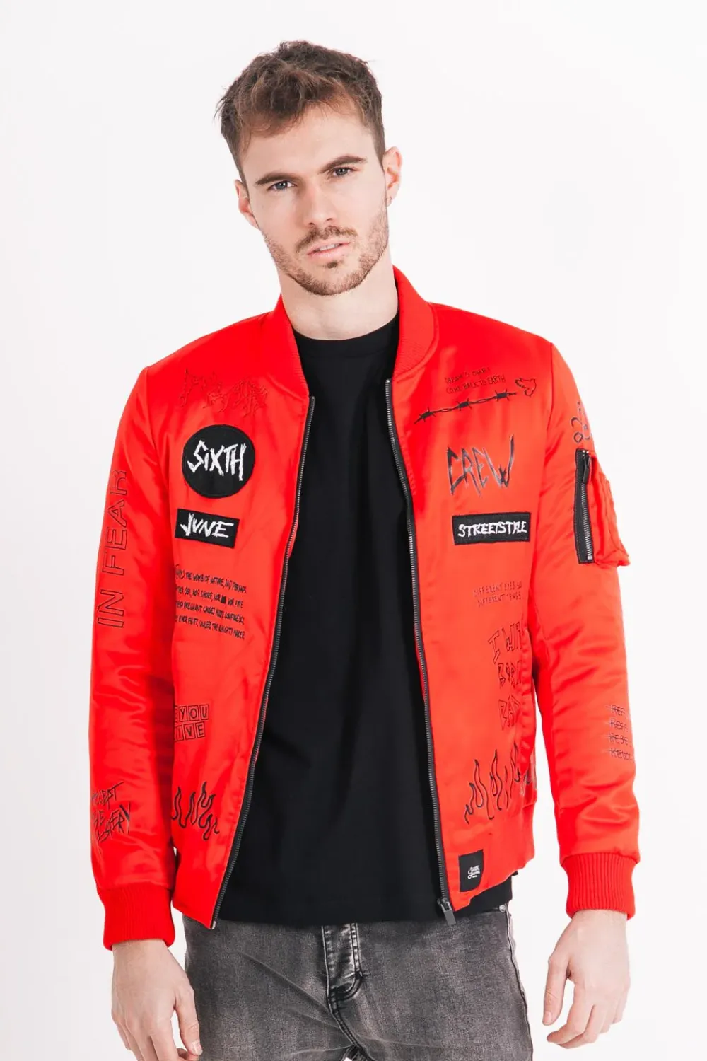 Homme Sixth June Manteaux | Bombers Patchs Crew Rouge