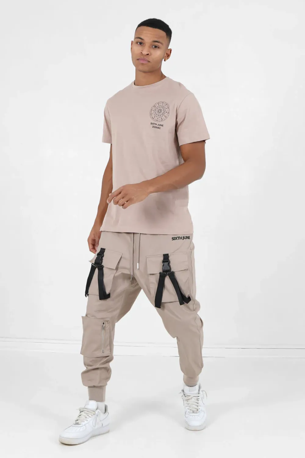 Homme Sixth June Pantalons | Cargo Boucles Poches Logo Beige Fonce