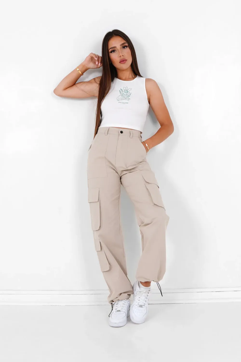 Femme Sixth June Pantalons | Cargo Jambes Larges Beige