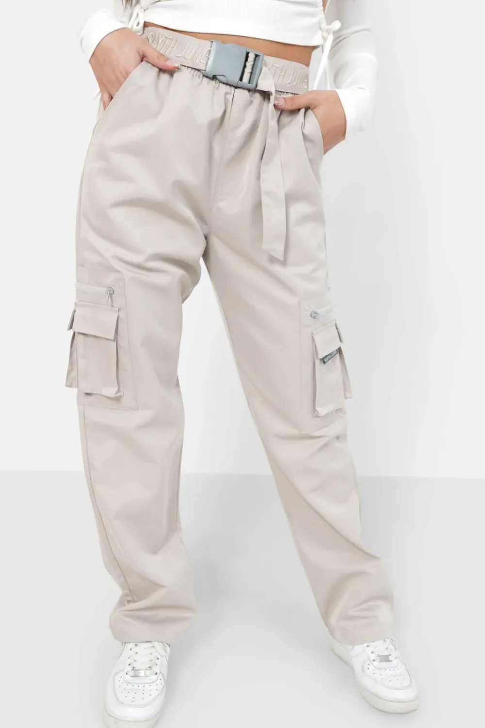 Femme Sixth June Pantalons | Cargo Tactique Ceinture Gris Clair