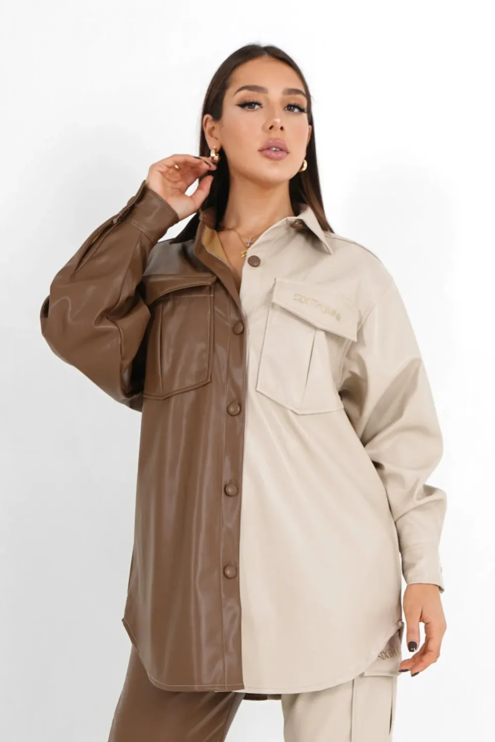 Femme Sixth June Hauts | Chemise Bicolore Simili Cuir Beige