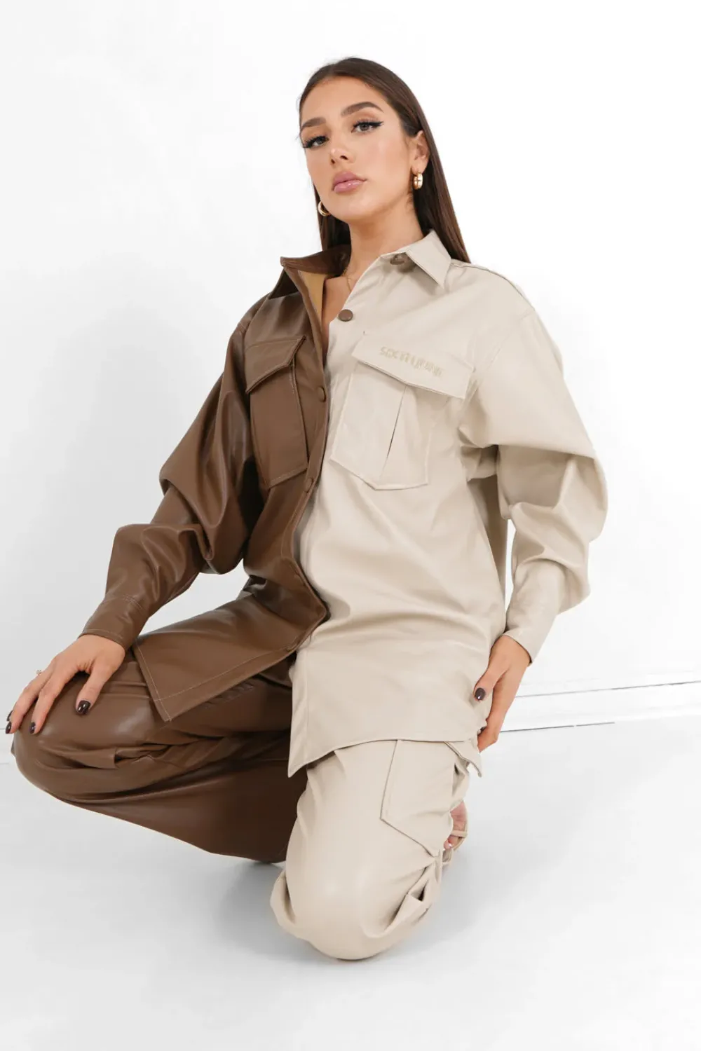 Femme Sixth June Hauts | Chemise Bicolore Simili Cuir Beige