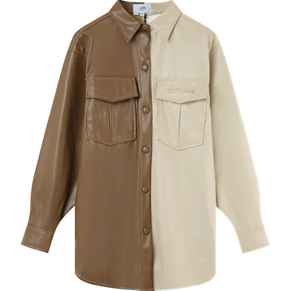 Femme Sixth June Hauts | Chemise Bicolore Simili Cuir Beige