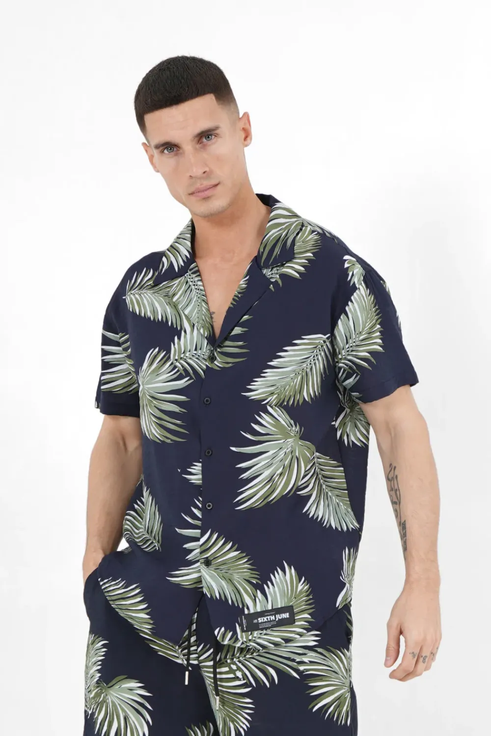 Homme Sixth June Hauts | Chemise Fluide Tropicale Bleu Fonce