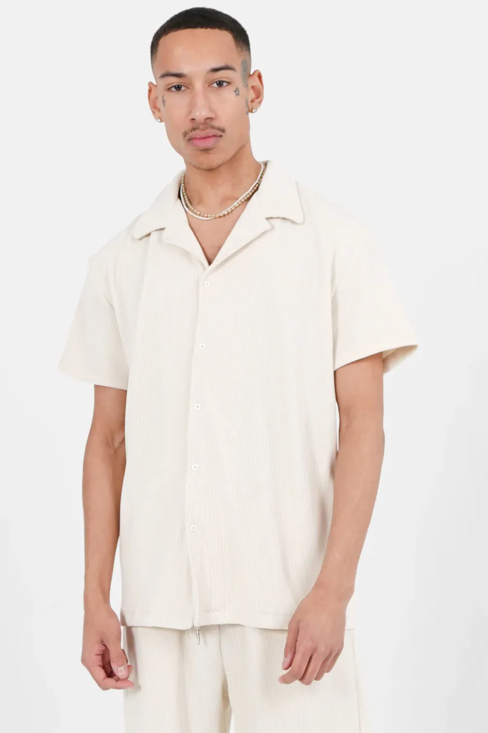 Homme Sixth June Hauts | Chemise Manches Courtes Plisse Beige