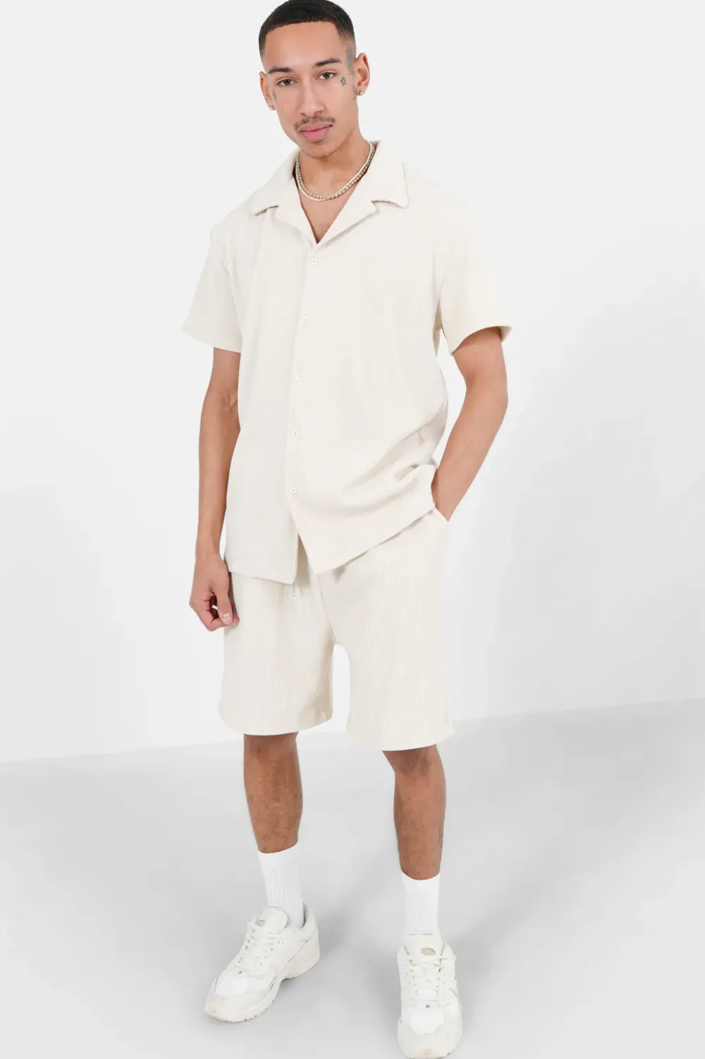 Homme Sixth June Hauts | Chemise Manches Courtes Plisse Beige