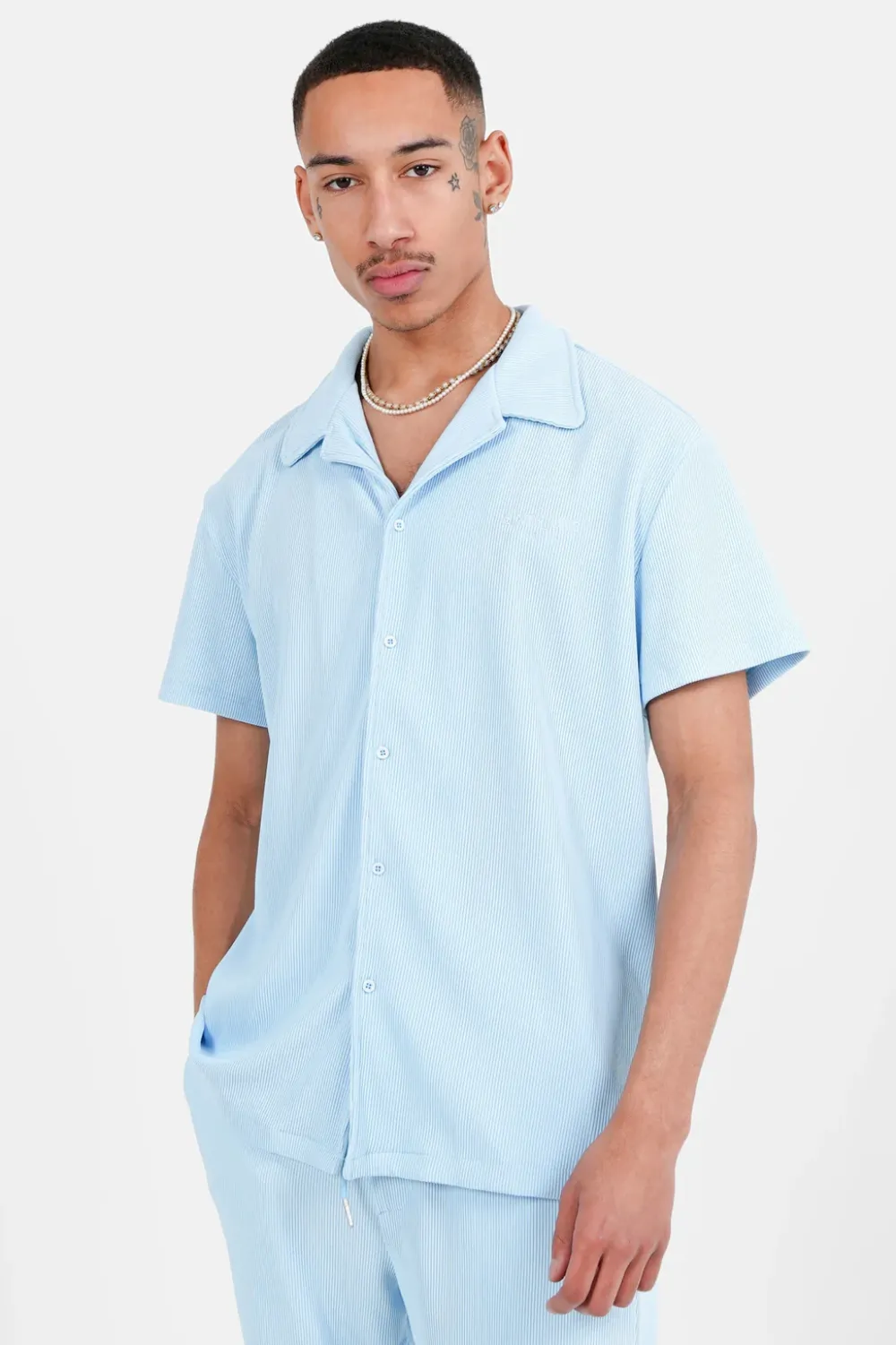 Homme Sixth June Hauts | Chemise Manches Courtes Plisse Bleu Clair