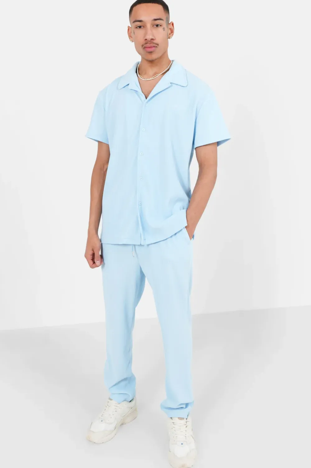 Homme Sixth June Hauts | Chemise Manches Courtes Plisse Bleu Clair