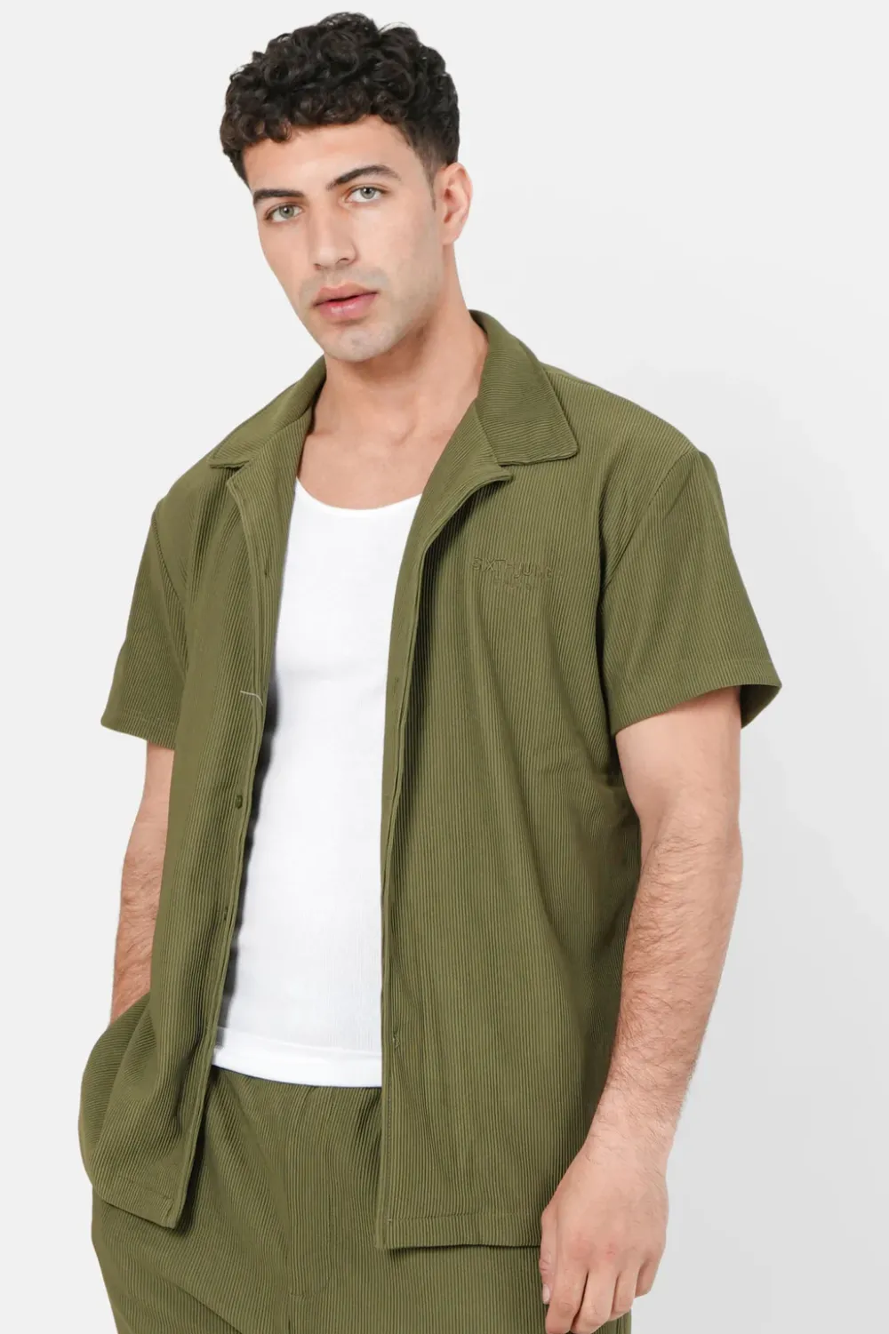 Homme Sixth June Hauts | Chemise Manches Courtes Plisse Vert Kaki