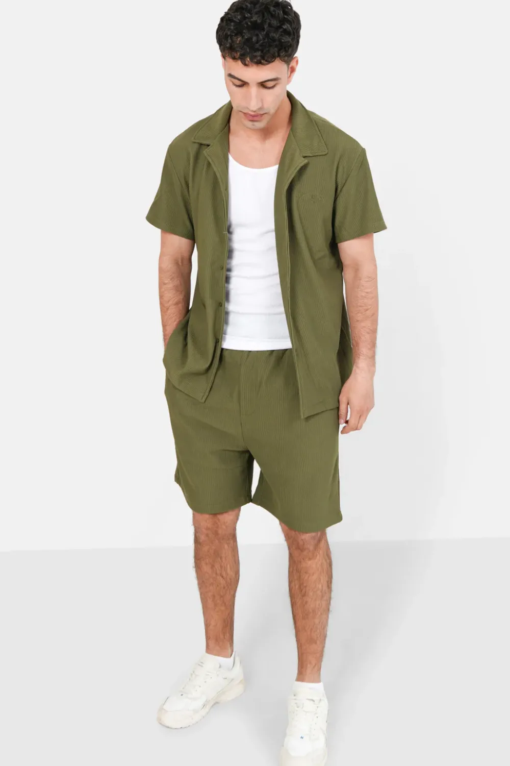 Homme Sixth June Hauts | Chemise Manches Courtes Plisse Vert Kaki