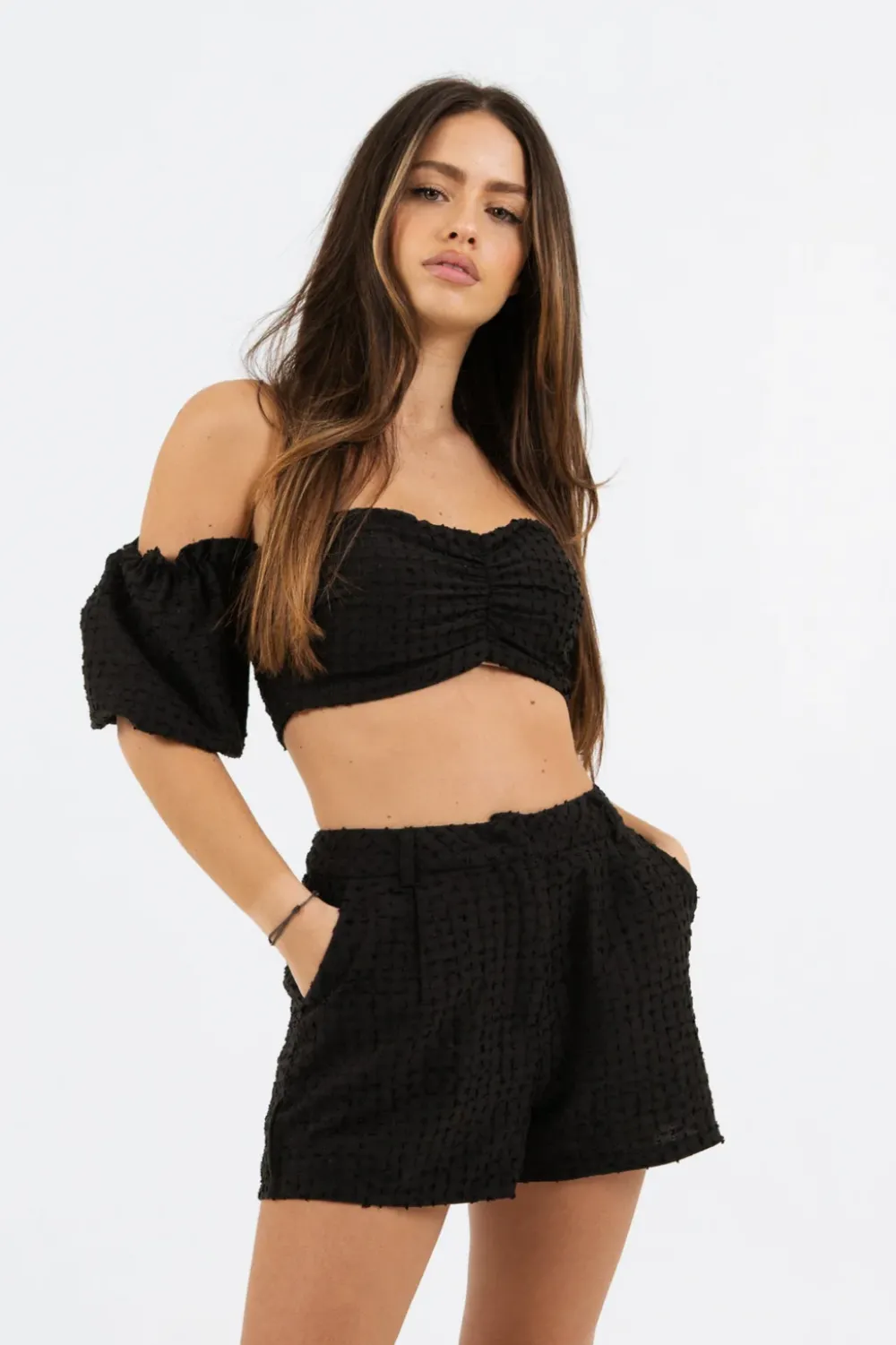 Femme Sixth June Robes | Ensemble Top + Short Boheme Texture Noir