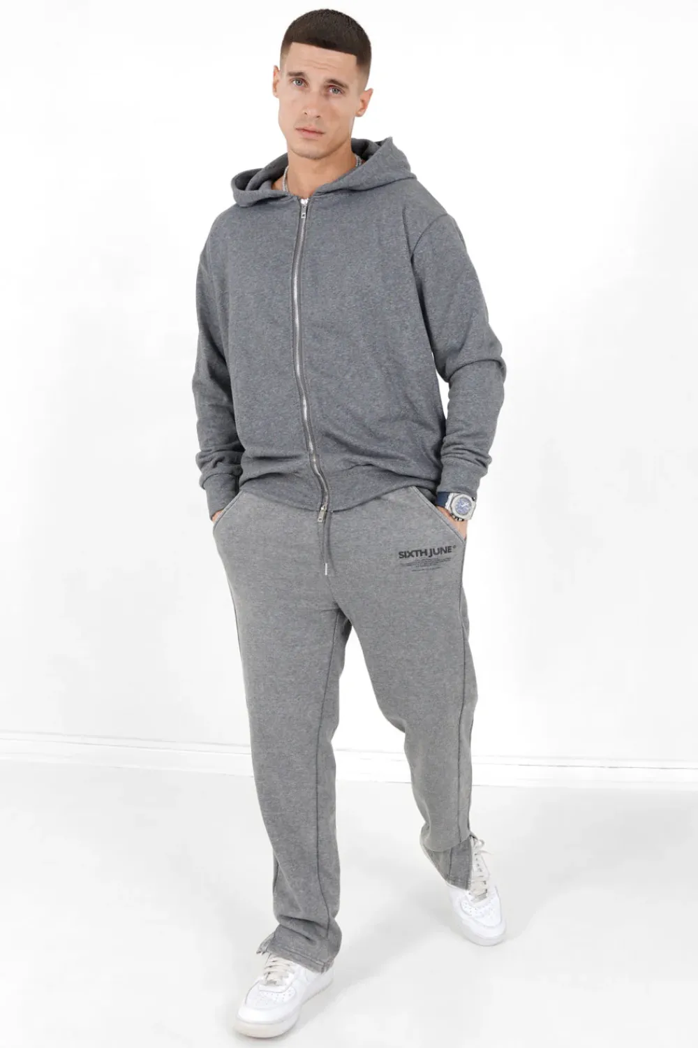 Homme Sixth June Sweats | Gilet Zippe Capuche Logo Gris Fonce