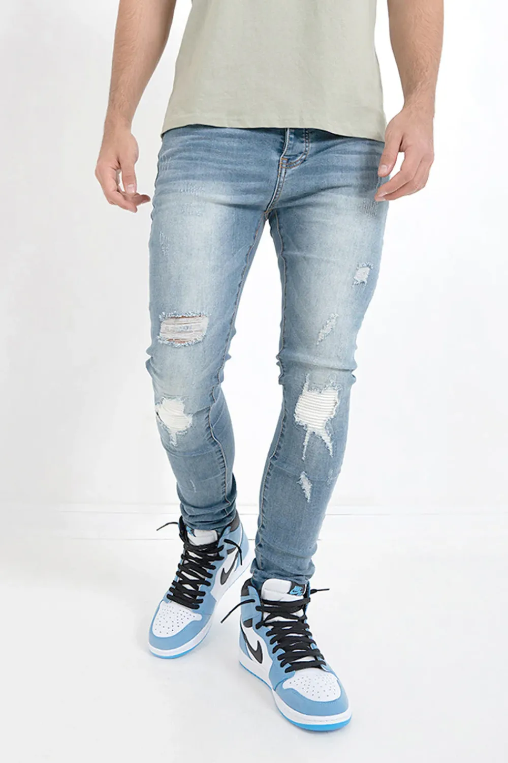 Homme Sixth June Pantalons | Jean Destroy Empiecement Bleu Fonce