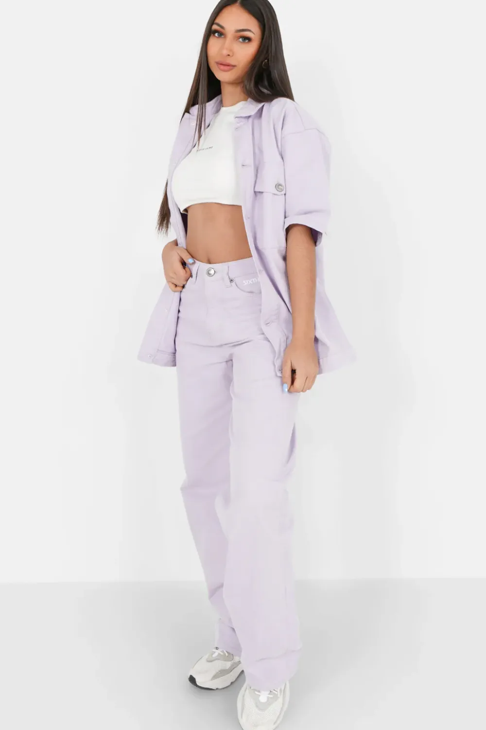 Femme Sixth June Pantalons | Jean Large Brode Violet Clair