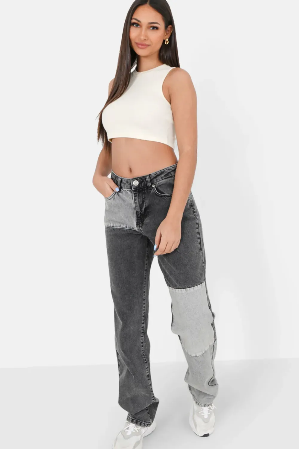 Femme Sixth June Pantalons | Jean Patchwork Large Gris Fonce