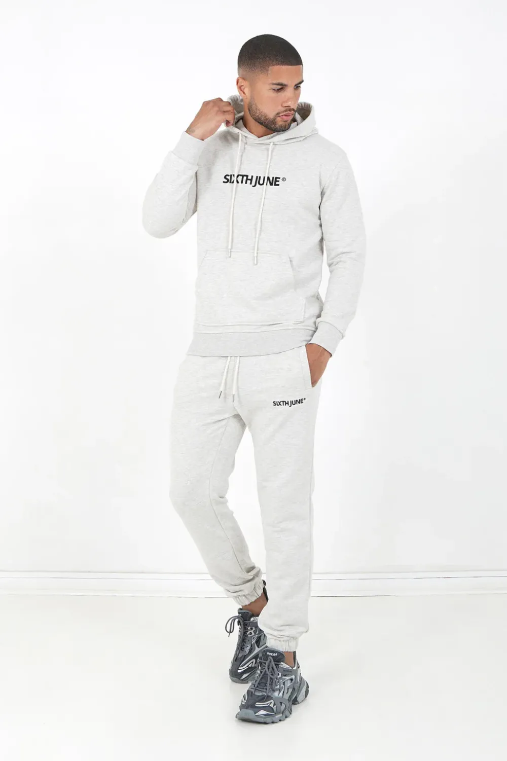 Homme Sixth June Ensembles | Jogging + Sweat Capuche Logo Brode Gris Clair