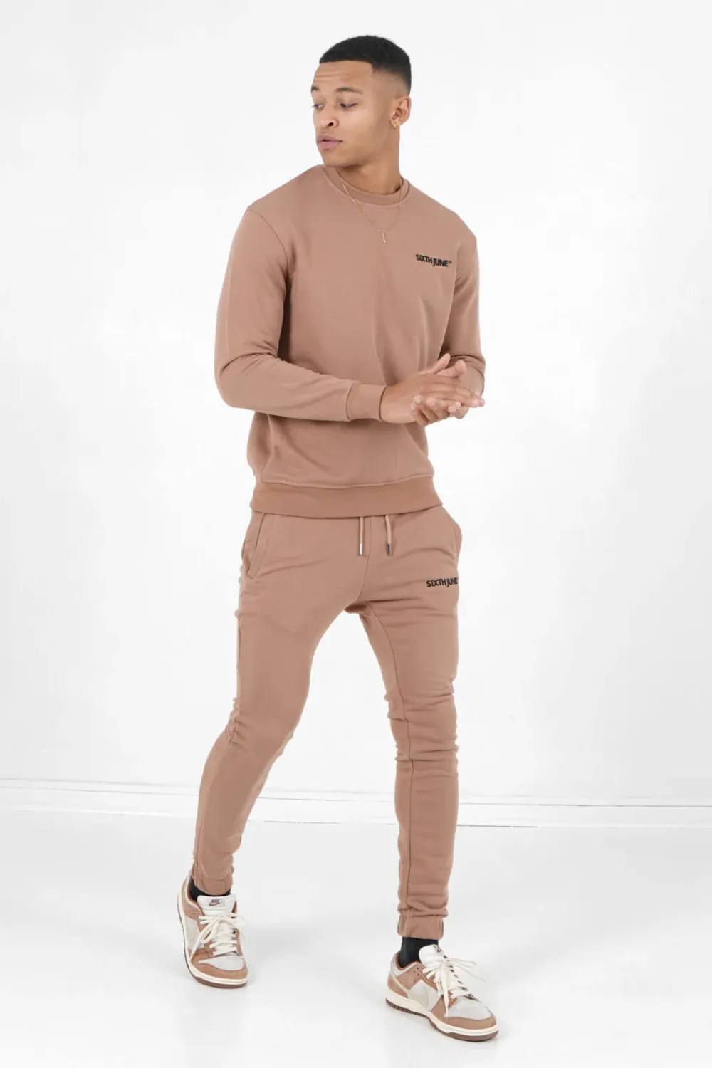 Homme Sixth June Pantalons | Jogging Soft Logo Brode Marron Clair