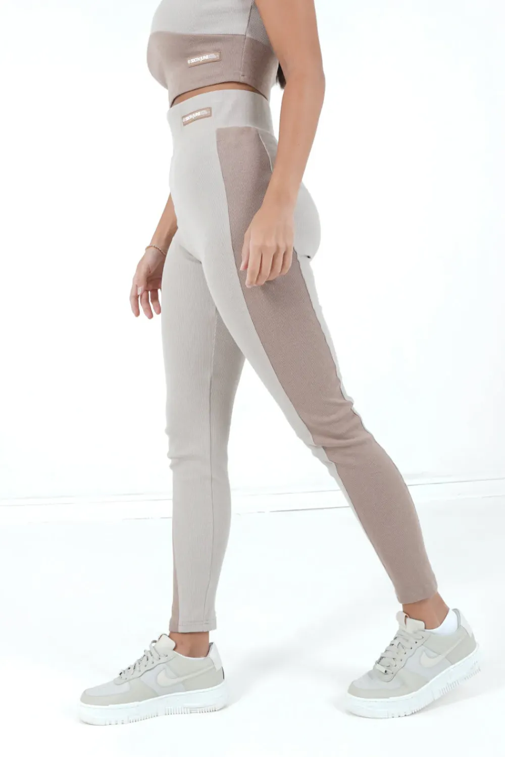 Femme Sixth June Pantalons | Legging Bicolor Cotele Beige Clair