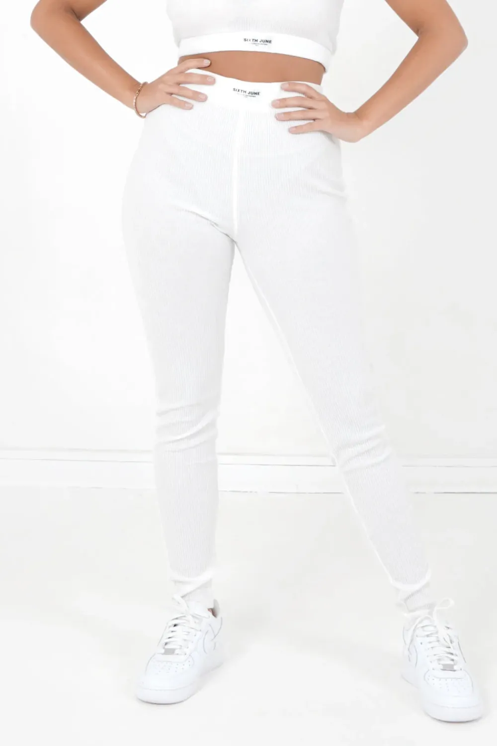 Femme Sixth June Pantalons | Legging Cotele Blanc Casse