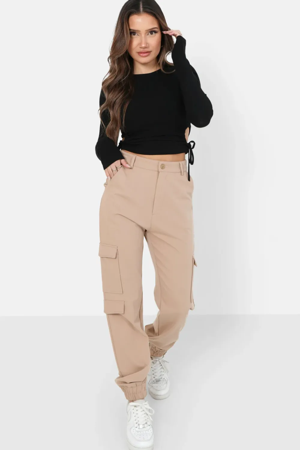 Femme Sixth June Pantalons | Pantalon Cargo Logo Brode Beige