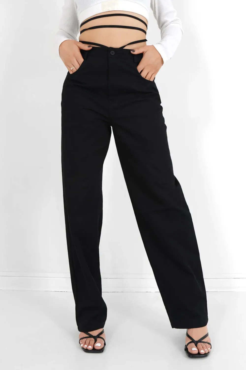 Femme Sixth June Pantalons | Pantalon Droit Serge Cordons Noir