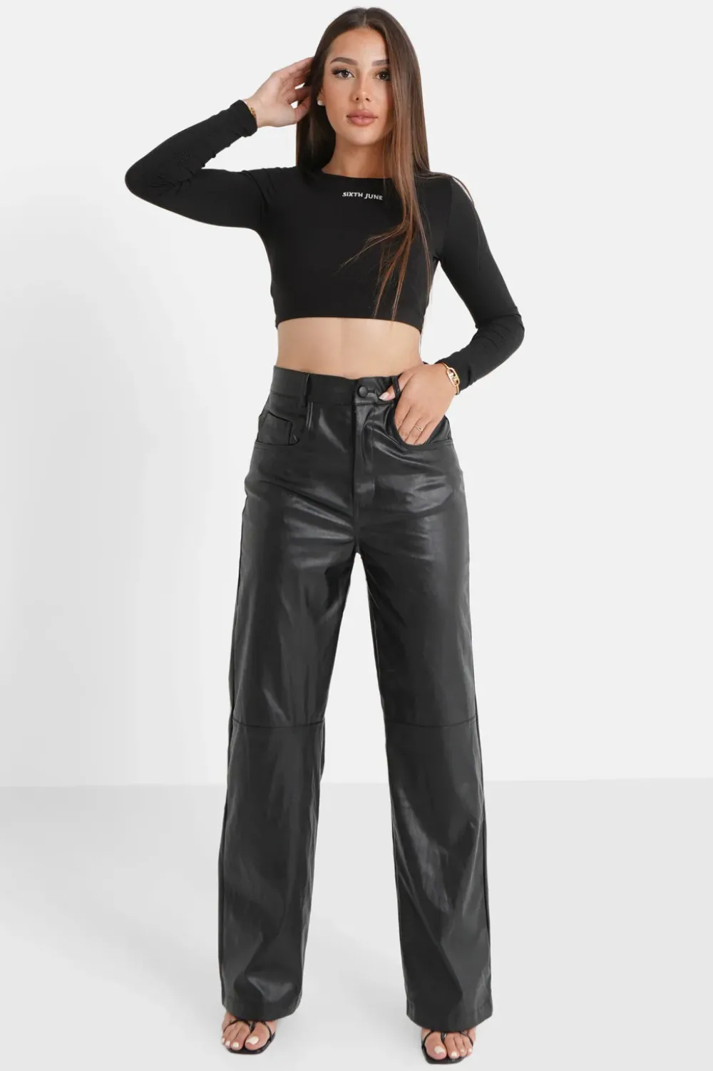 Femme Sixth June Pantalons | Pantalon Droit Simili Cuir Noir