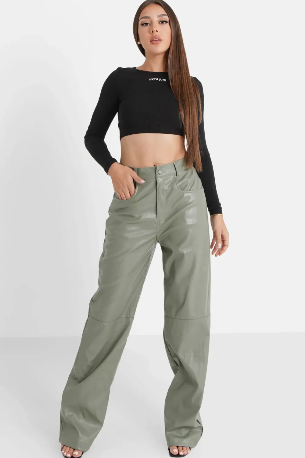 Femme Sixth June Pantalons | Pantalon Droit Simili Cuir Vert