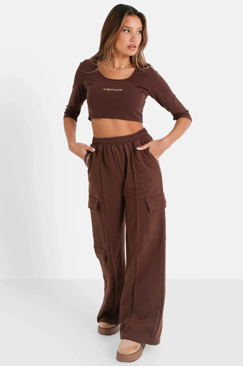 Femme Sixth June Pantalons | Pantalon Molletonne Loose Cargo Marron