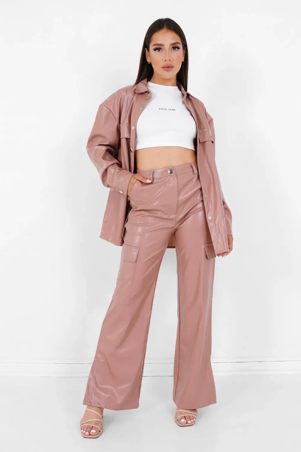 Femme Sixth June Pantalons | Pantalon Simili Cuir Fentes Rose