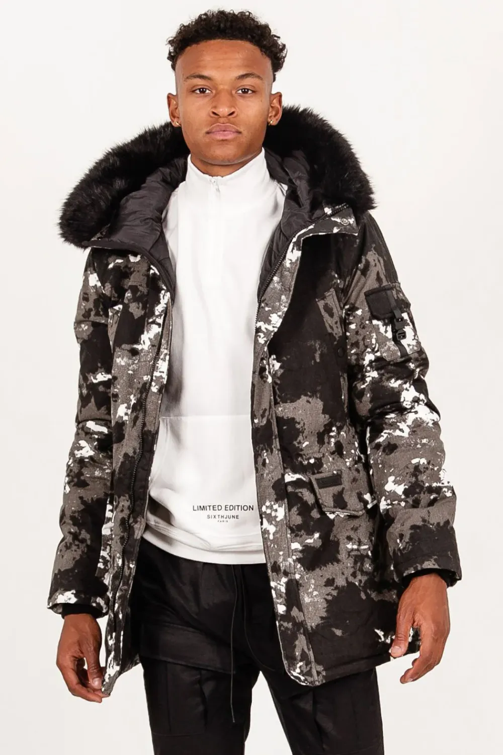 Homme Sixth June Manteaux | Parka Fourrure Imprime Montagne Noir