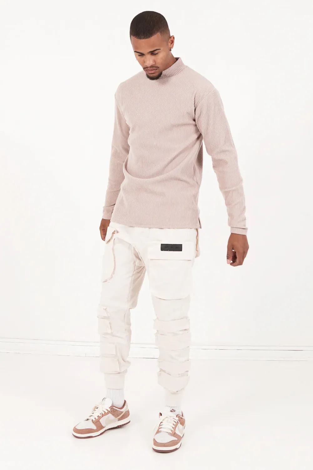 Homme Sixth June Sweats | Pull Maille Cotele Col Beige Fonce