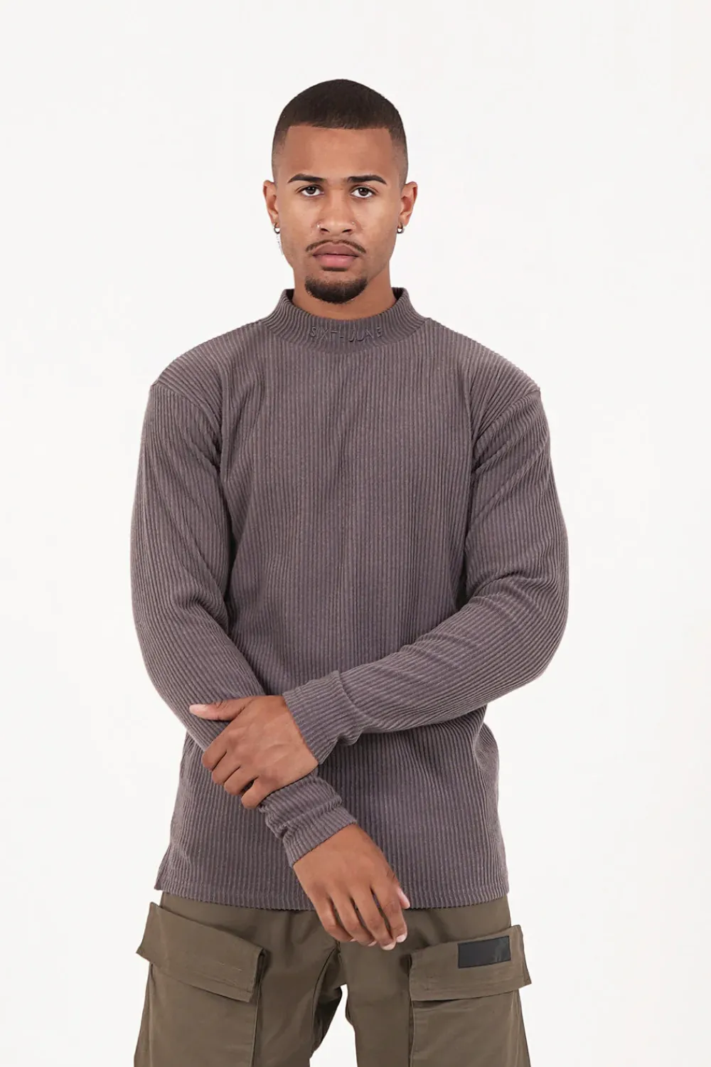 Homme Sixth June Sweats | Pull Maille Cotele Col Gris Taupe