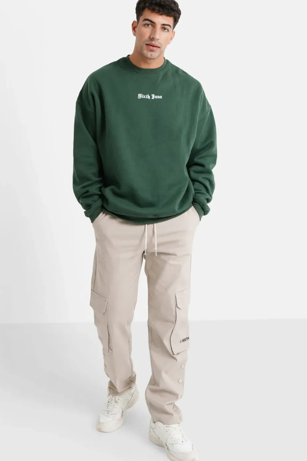 Homme Sixth June Sweats | Sweat Broderies Crew Oversize Vert Fonce