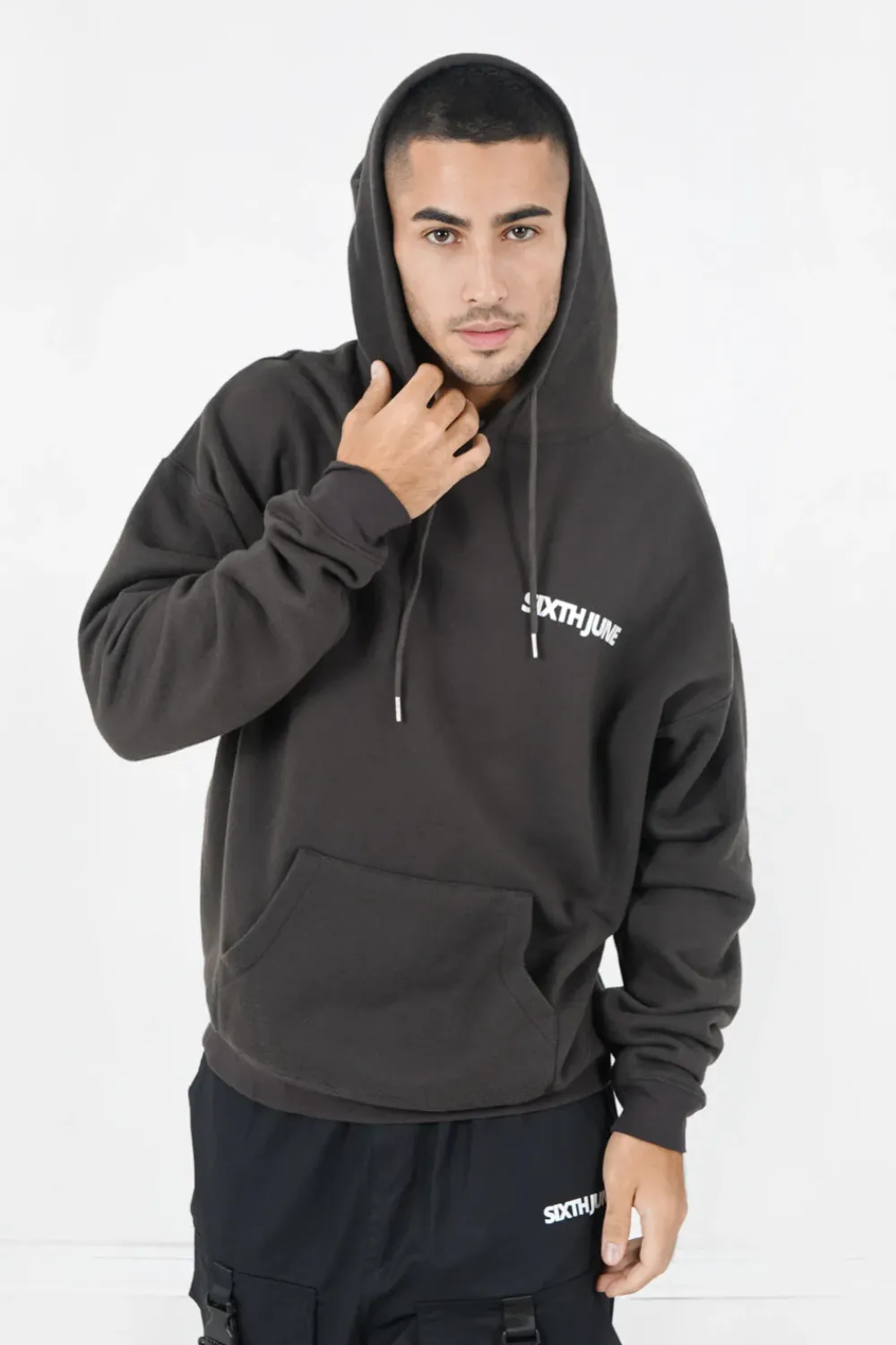 Homme Sixth June Sweats | Sweat Capuche Oversize Logo Decale Gris Fonce