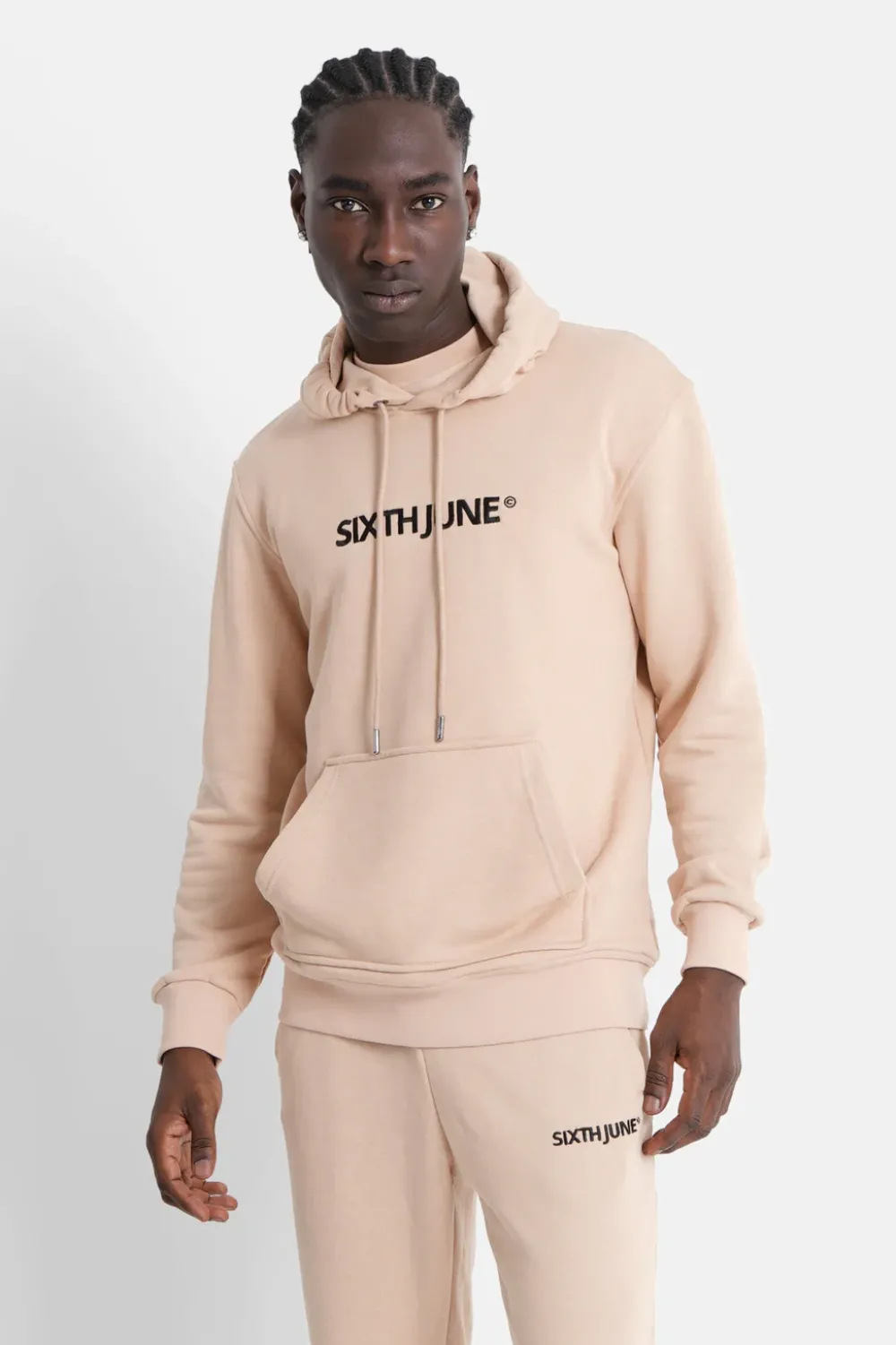 Homme Sixth June Sweats | Sweatshirt Capuche Logo Brode Beige