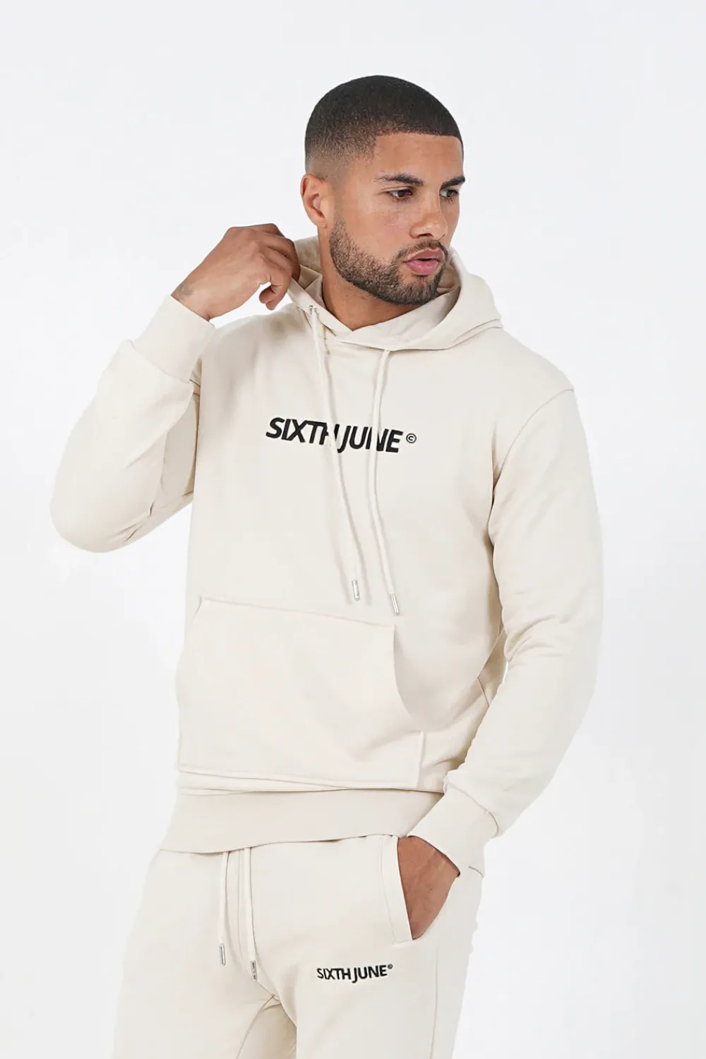 Homme Sixth June Sweats | Sweatshirt Capuche Logo Brode Beige Clair