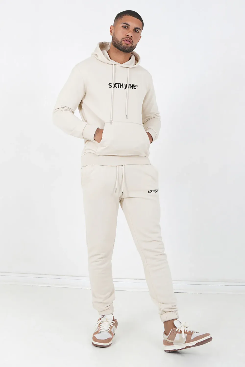 Homme Sixth June Sweats | Sweatshirt Capuche Logo Brode Beige Clair