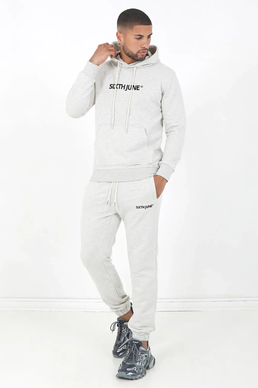 Homme Sixth June Sweats | Sweatshirt Capuche Logo Brode Gris Clair