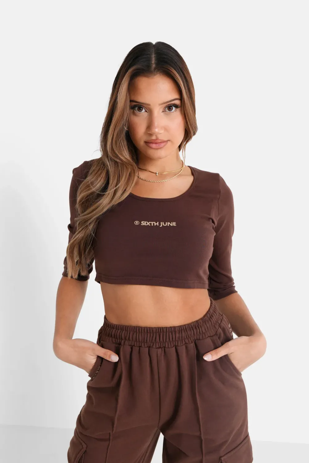 Femme Sixth June Hauts | Top Court Logo Printe Manches 3/4 Marron