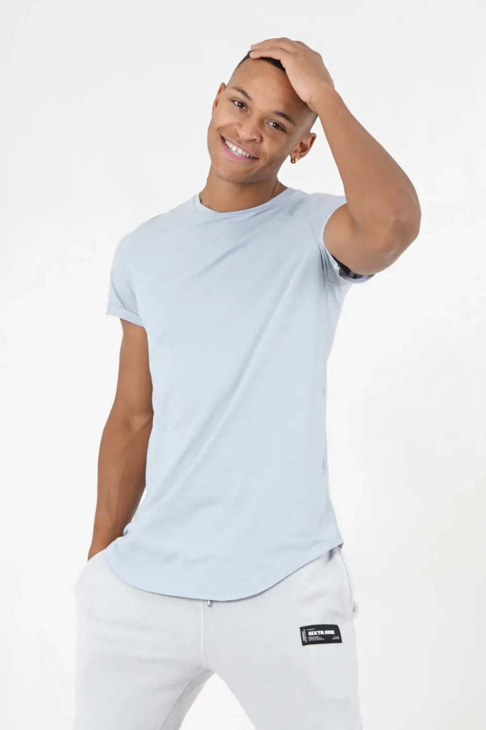 Homme Sixth June Hauts | T-Shirt Bas Arrondi Long Bleu Clair