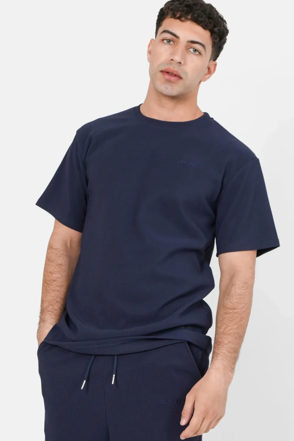 Homme Sixth June Hauts | T-Shirt Plisse Manches Courtes Bleu Fonce