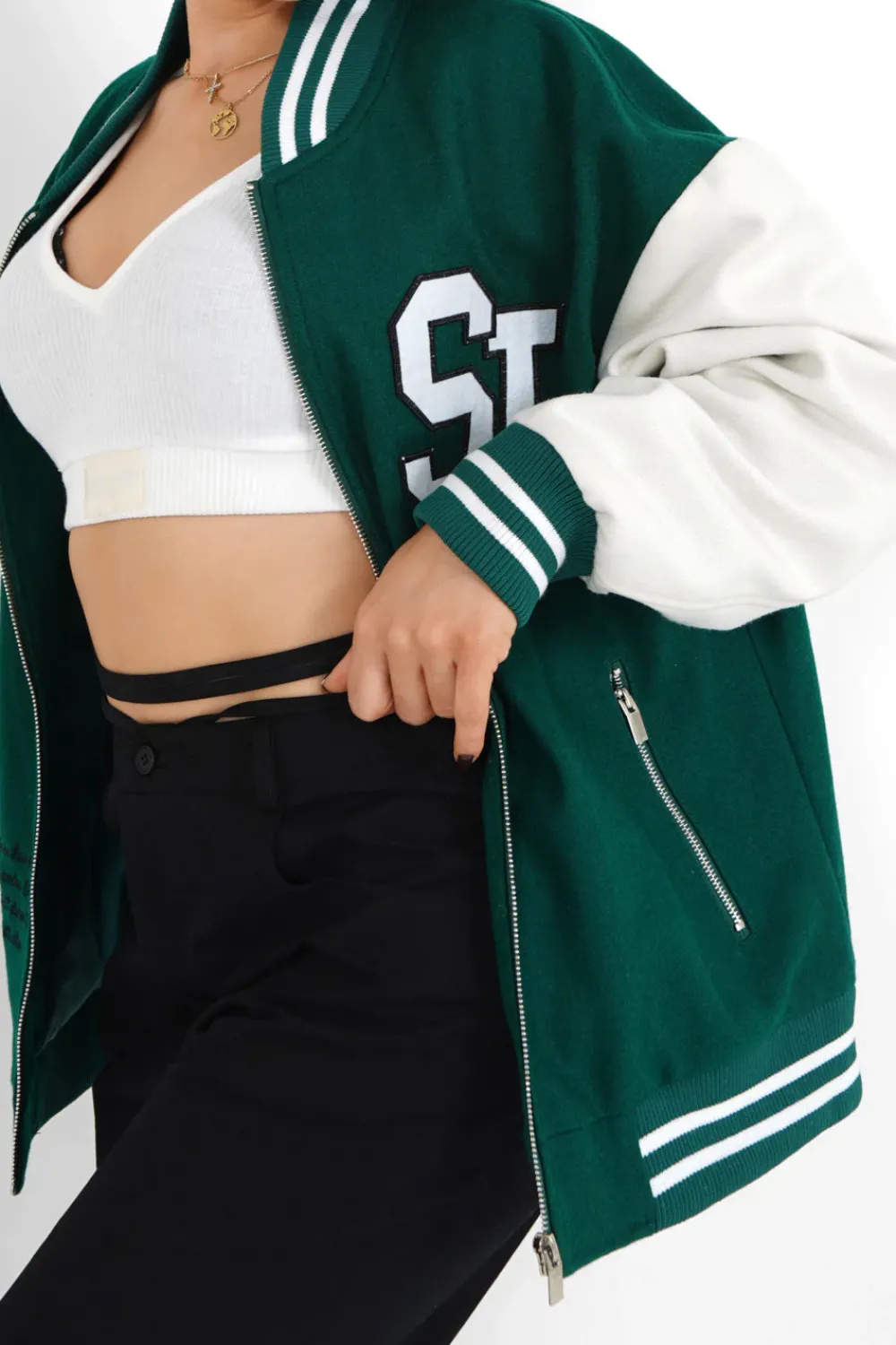 Femme Sixth June Manteaux | Veste Teddy Bicolore Vert Fonce