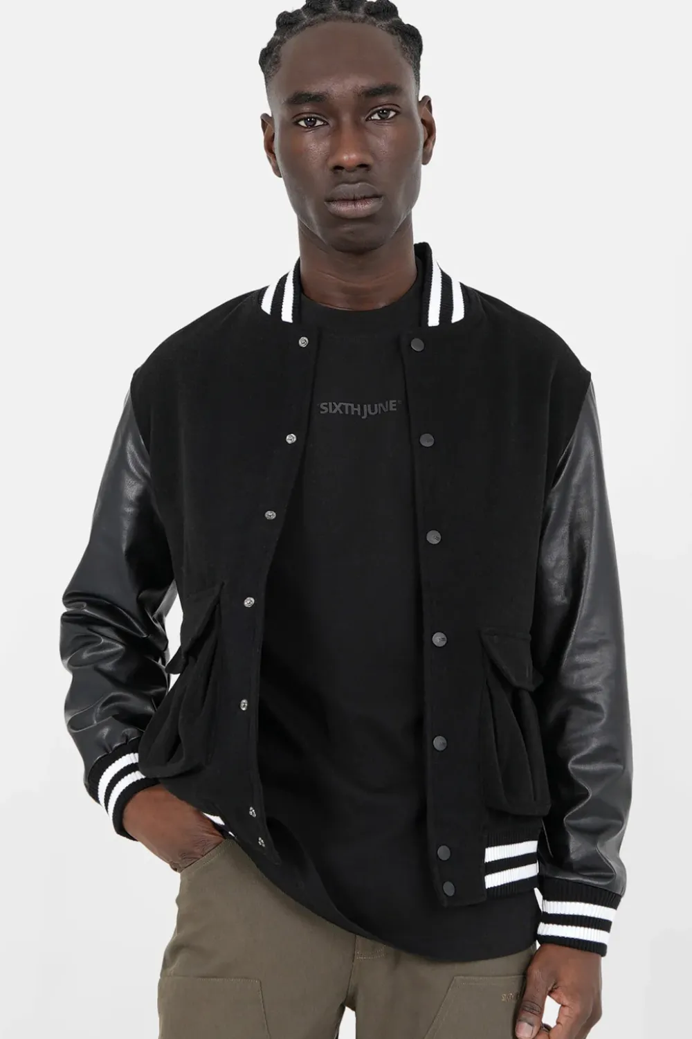 Homme Sixth June Manteaux | Veste Teddy Bi-Matiere Imprime Noir